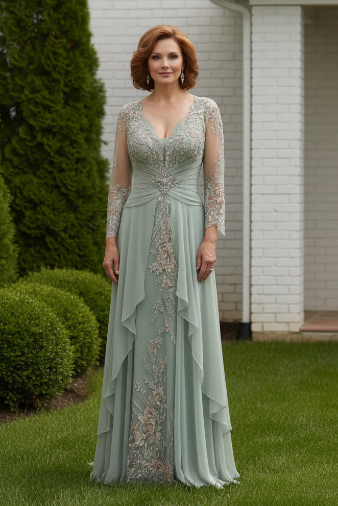 Long Sleeve Beaded Lace Chiffon Evening Gown