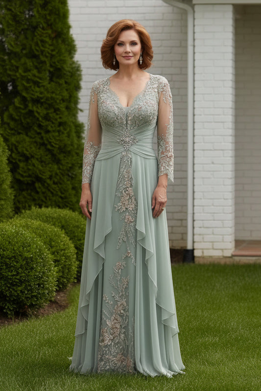 Long Sleeve Beaded Lace Chiffon Evening Gown