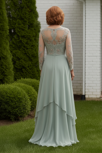 Long Sleeve Beaded Lace Chiffon Evening Gown