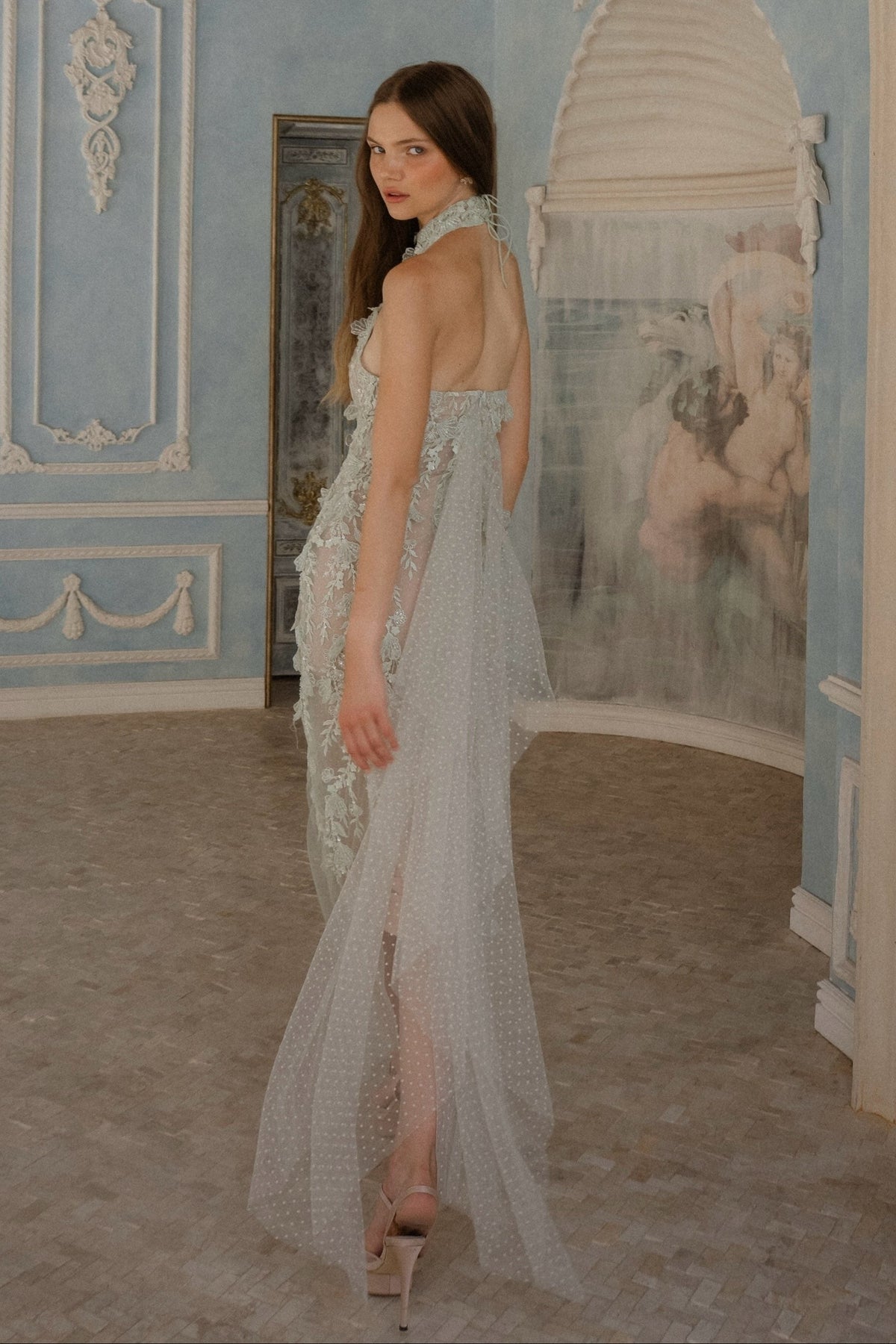 Halter High-Neck Embroidered Sheath Gown