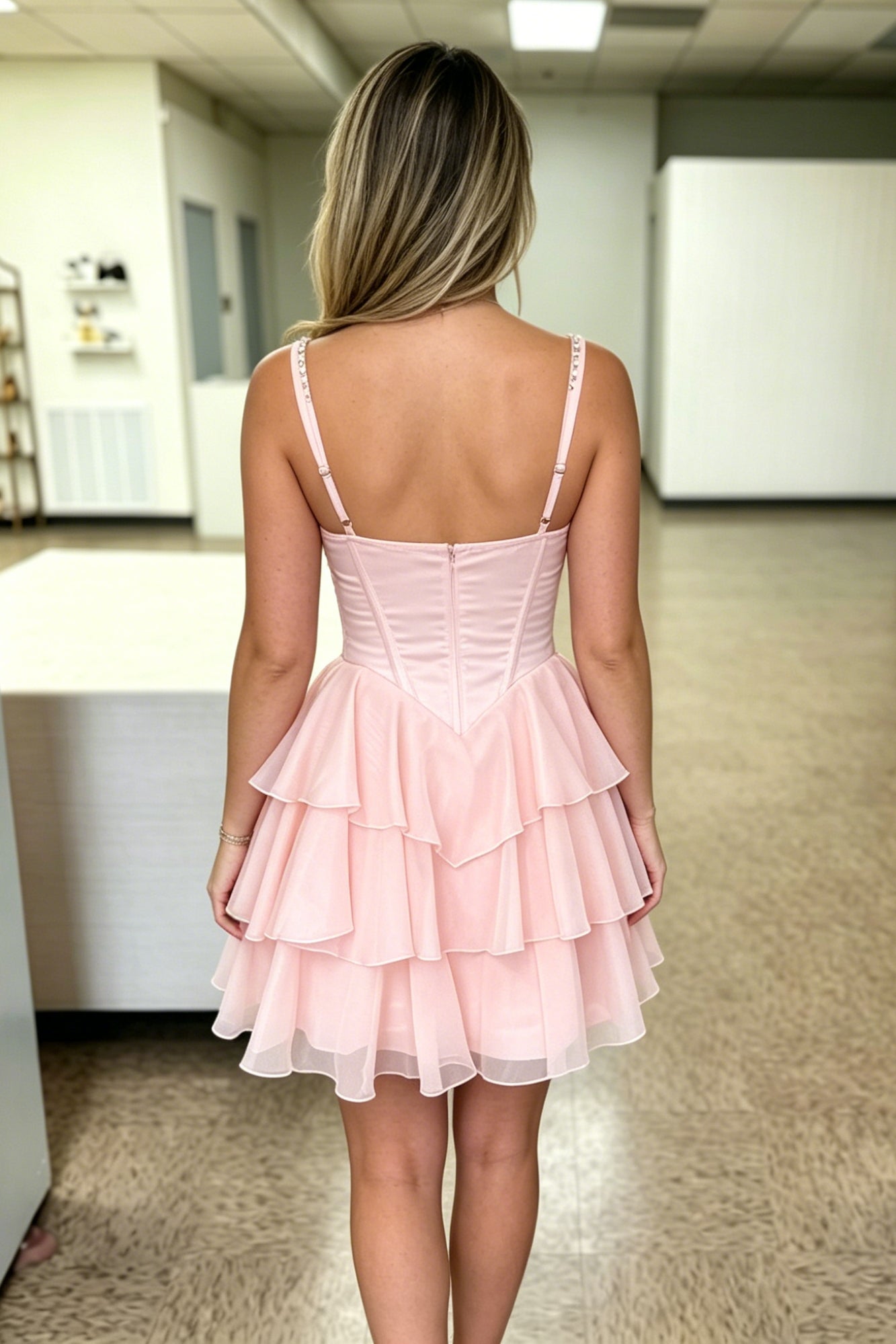 Tiered Ruffle Corset Mini Dress with Crystal Neckline