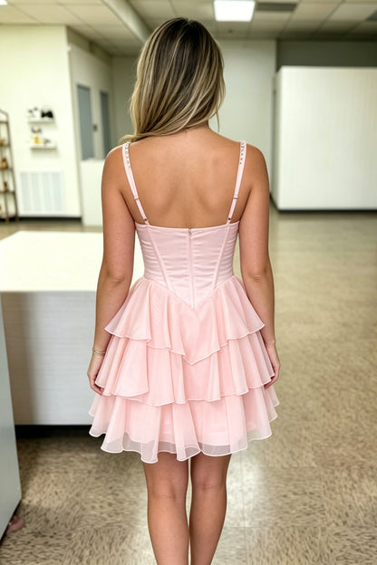 Tiered Ruffle Corset Mini Dress with Crystal Neckline