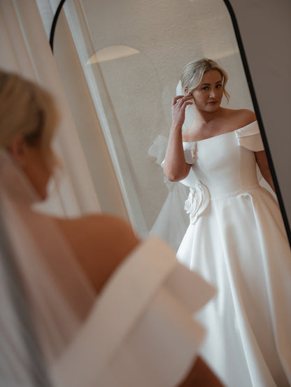 Off-Shoulder Satin A-Line Wedding Dress with 3D Flower