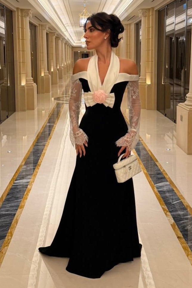 Halter Neck Sheath Gown with Lace Sleeves