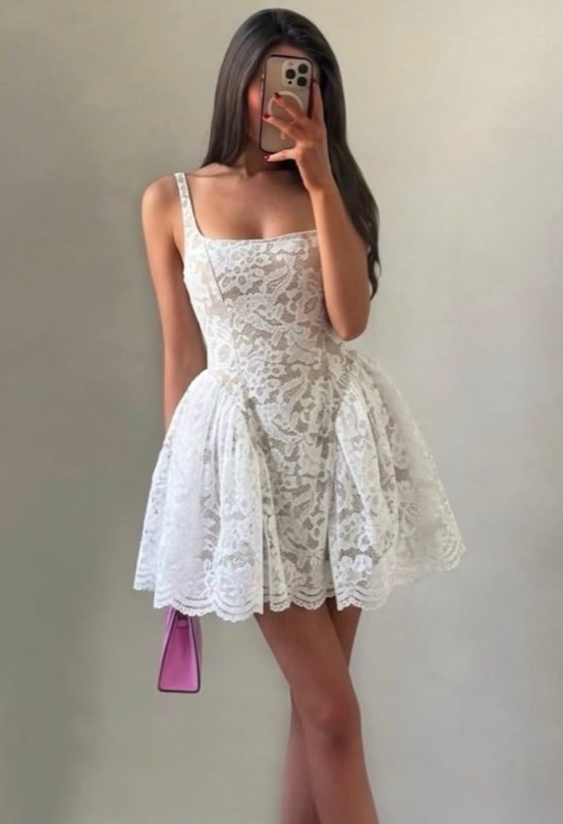 Square Neck Lace Fit and Flare Mini Dress