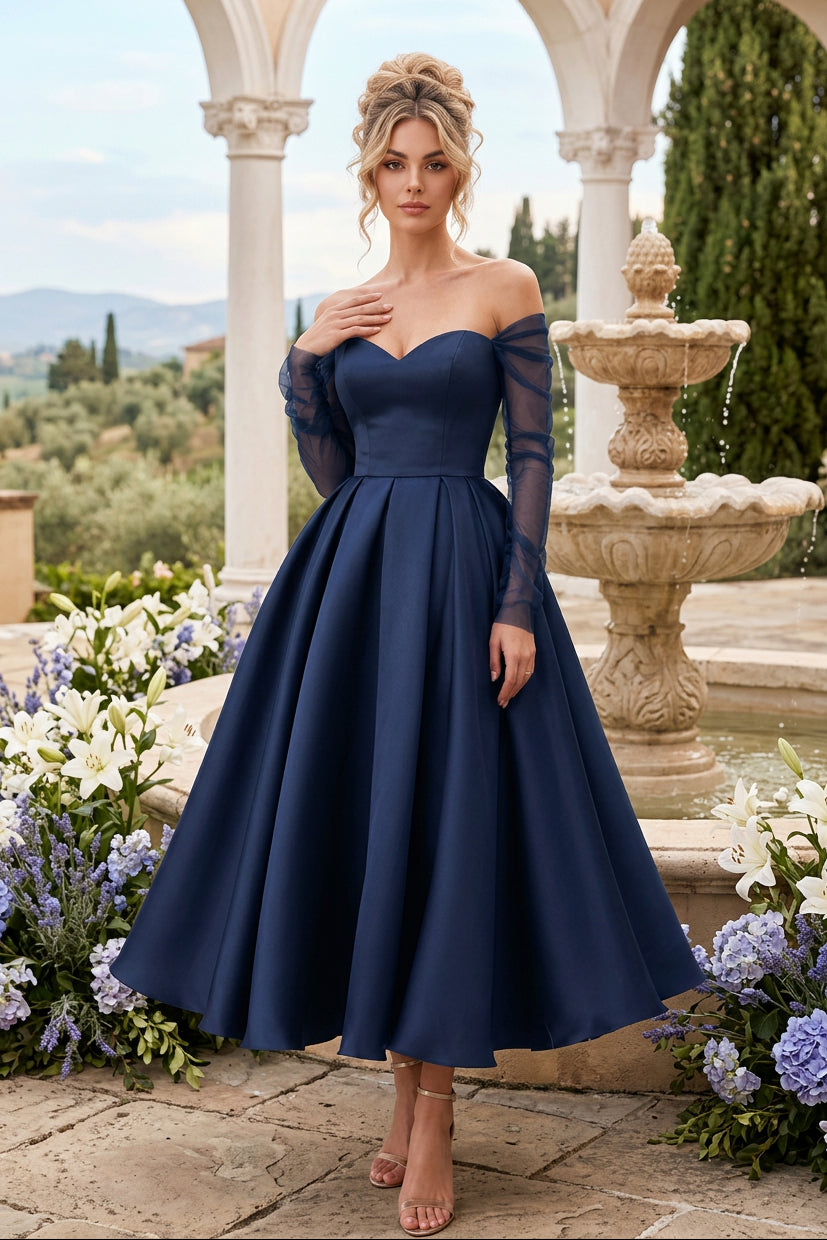 Off-the-Shoulder Tea-Length A-Line Dress
