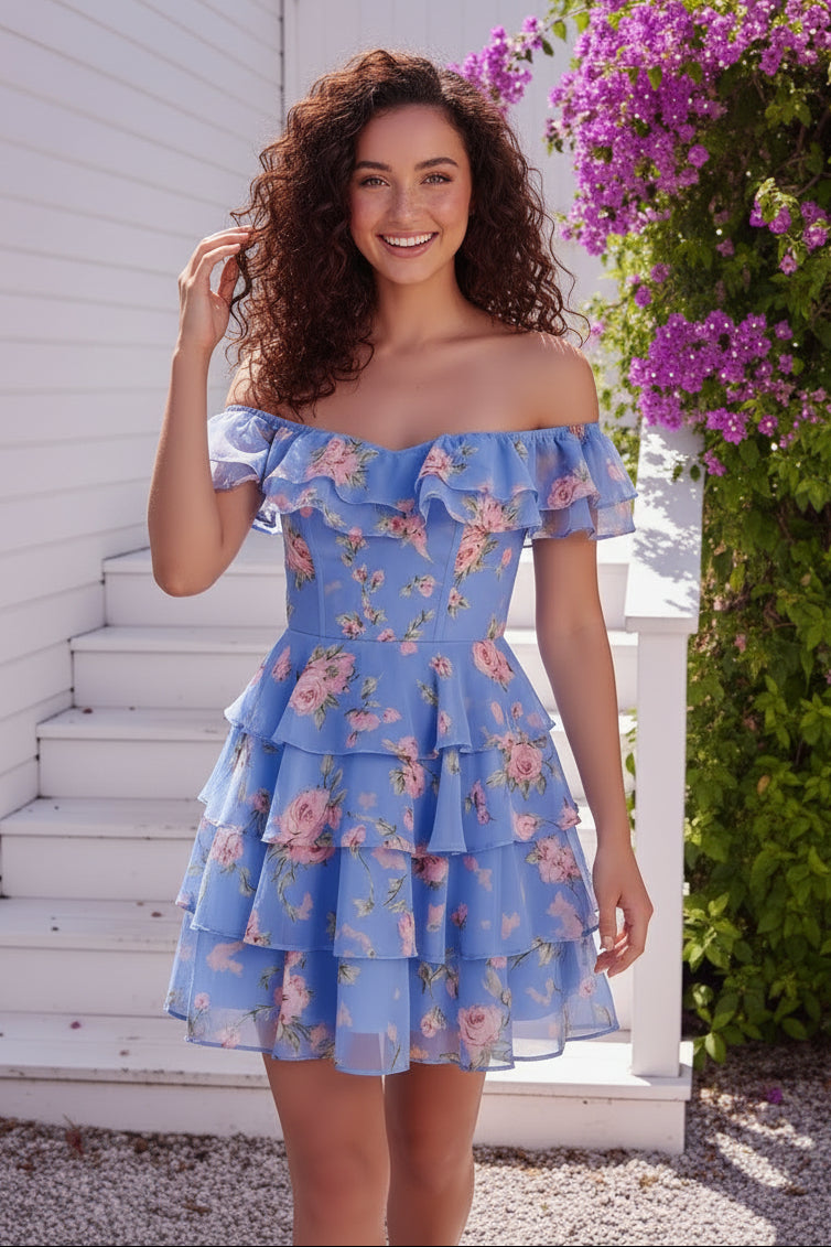 Off-the-Shoulder Floral Tiered Mini Dress