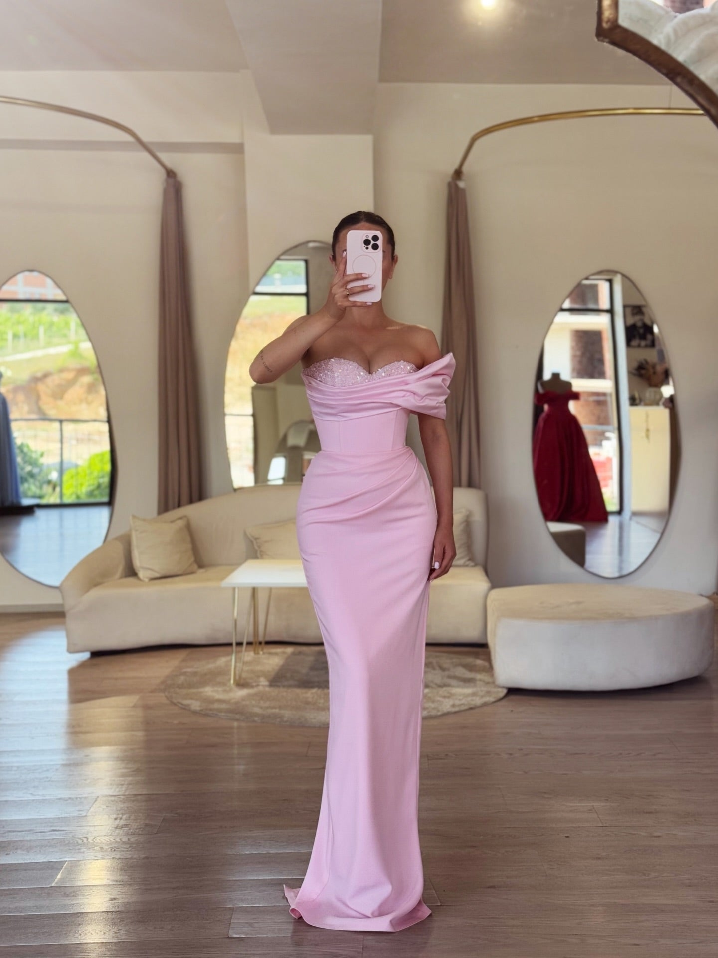 Off-the-Shoulder Corset Evening Gown with Beaded Bust