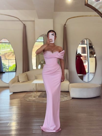 Off-the-Shoulder Corset Evening Gown with Beaded Bust