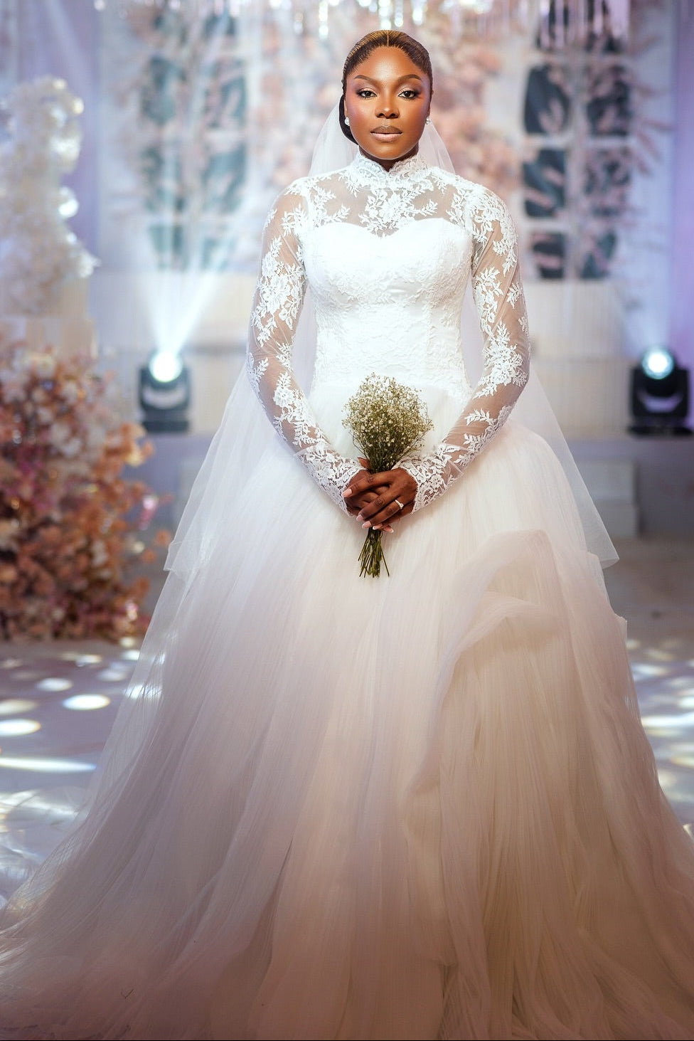 High Neck Lace Long Sleeve Ball Gown Wedding Dress