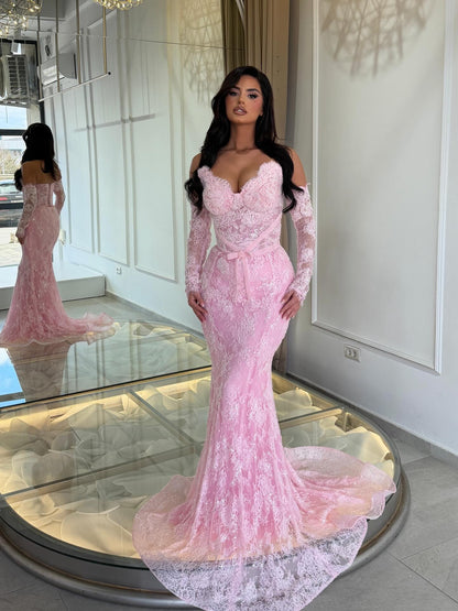 Off-the-Shoulder Lace Mermaid Gown with Corset Back