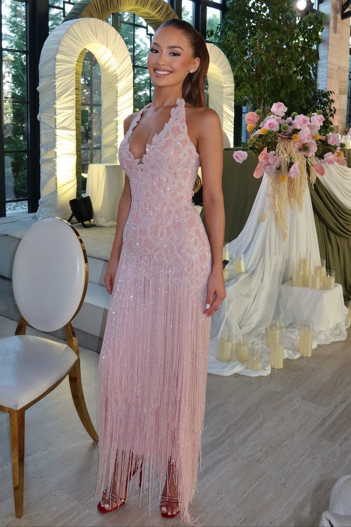 Beaded Halter Fringe Sheath Dress