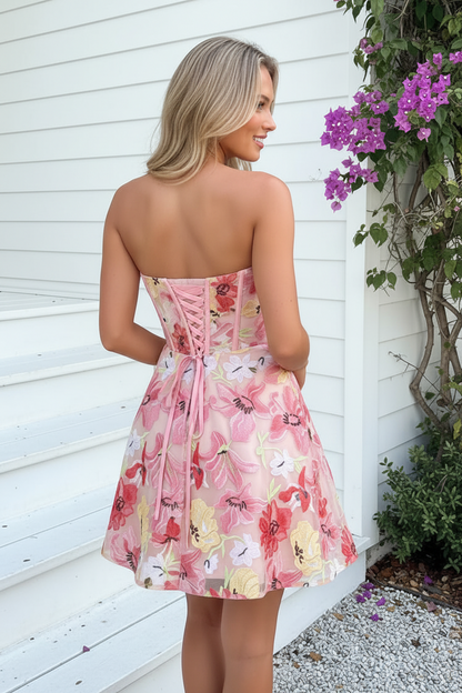Floral Embroidered Corset Mini Dress with Bow