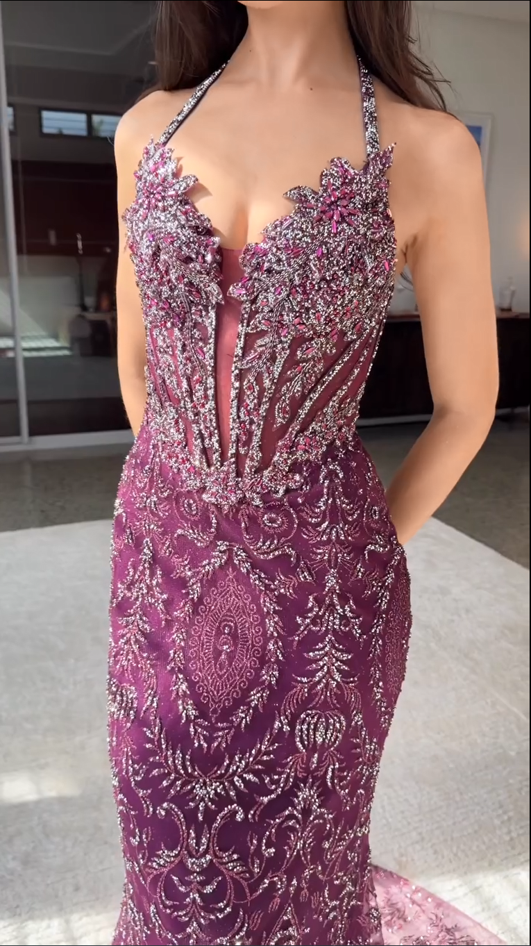 Embellished Corset Halter Mermaid Evening Gown