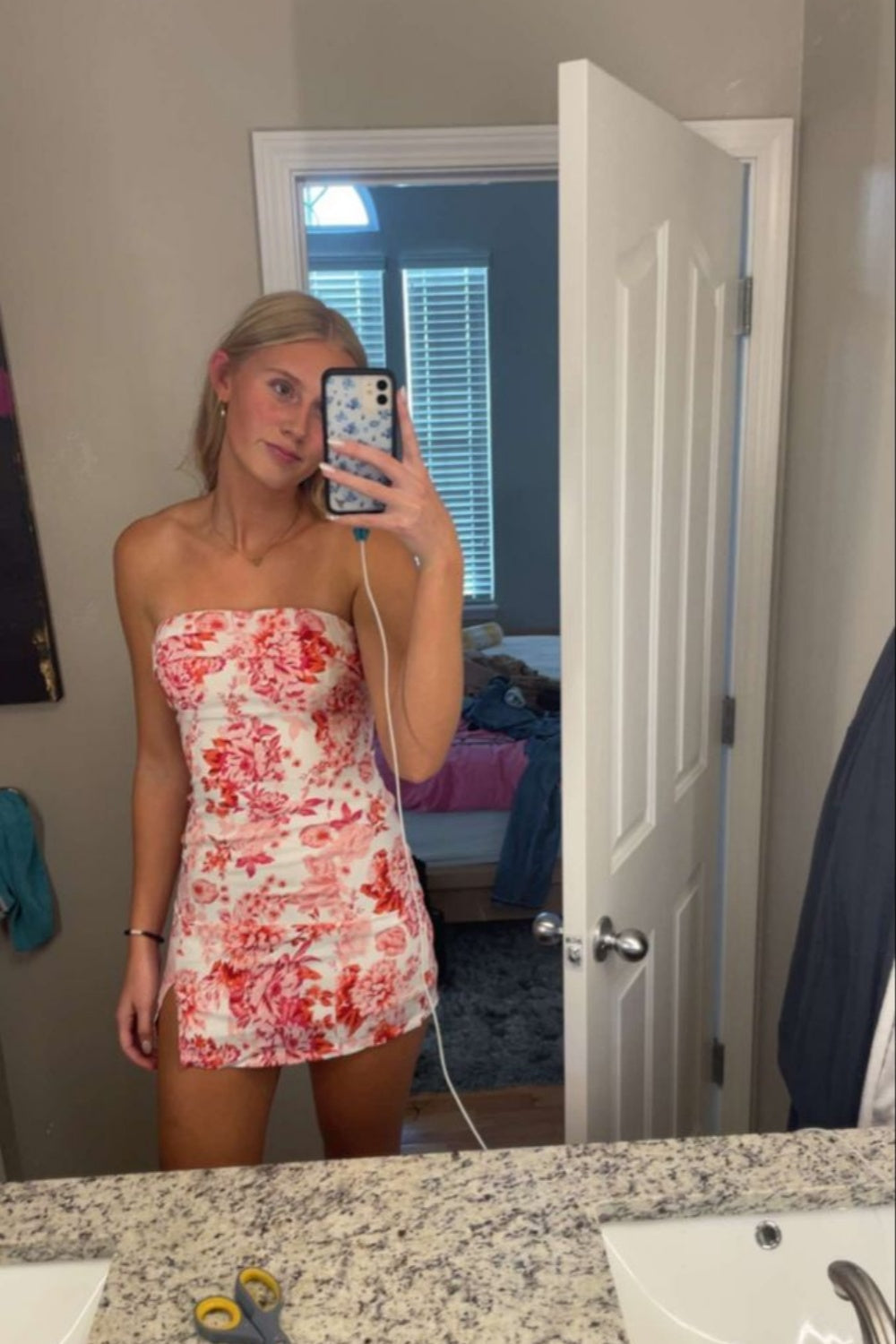 Strapless Floral Print Mini Bodycon Dress