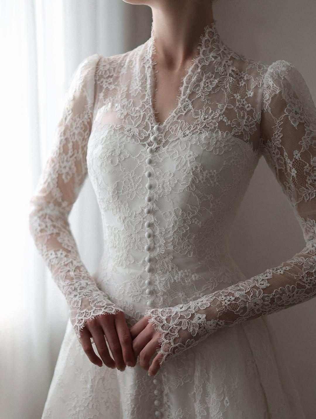 High Neck Lace A-line Wedding Dress with Long Sleeves