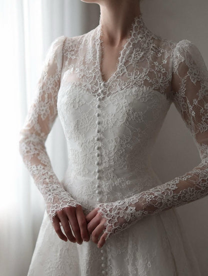High Neck Lace A-line Wedding Dress with Long Sleeves