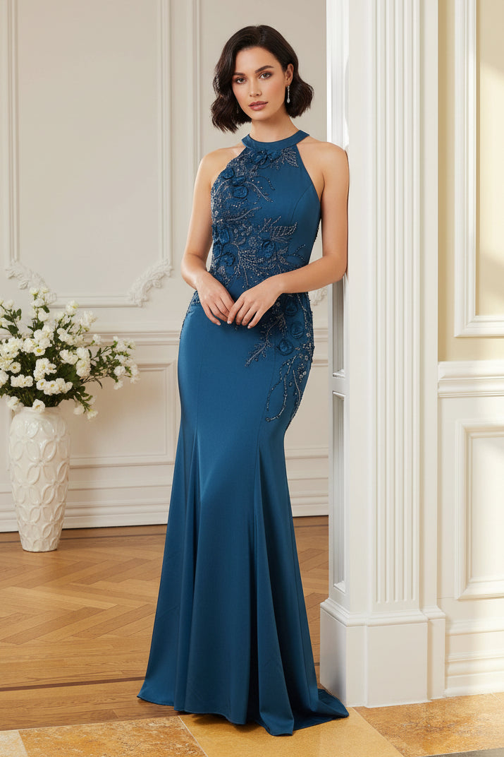 Embellished High Neck Mermaid Evening Gown
