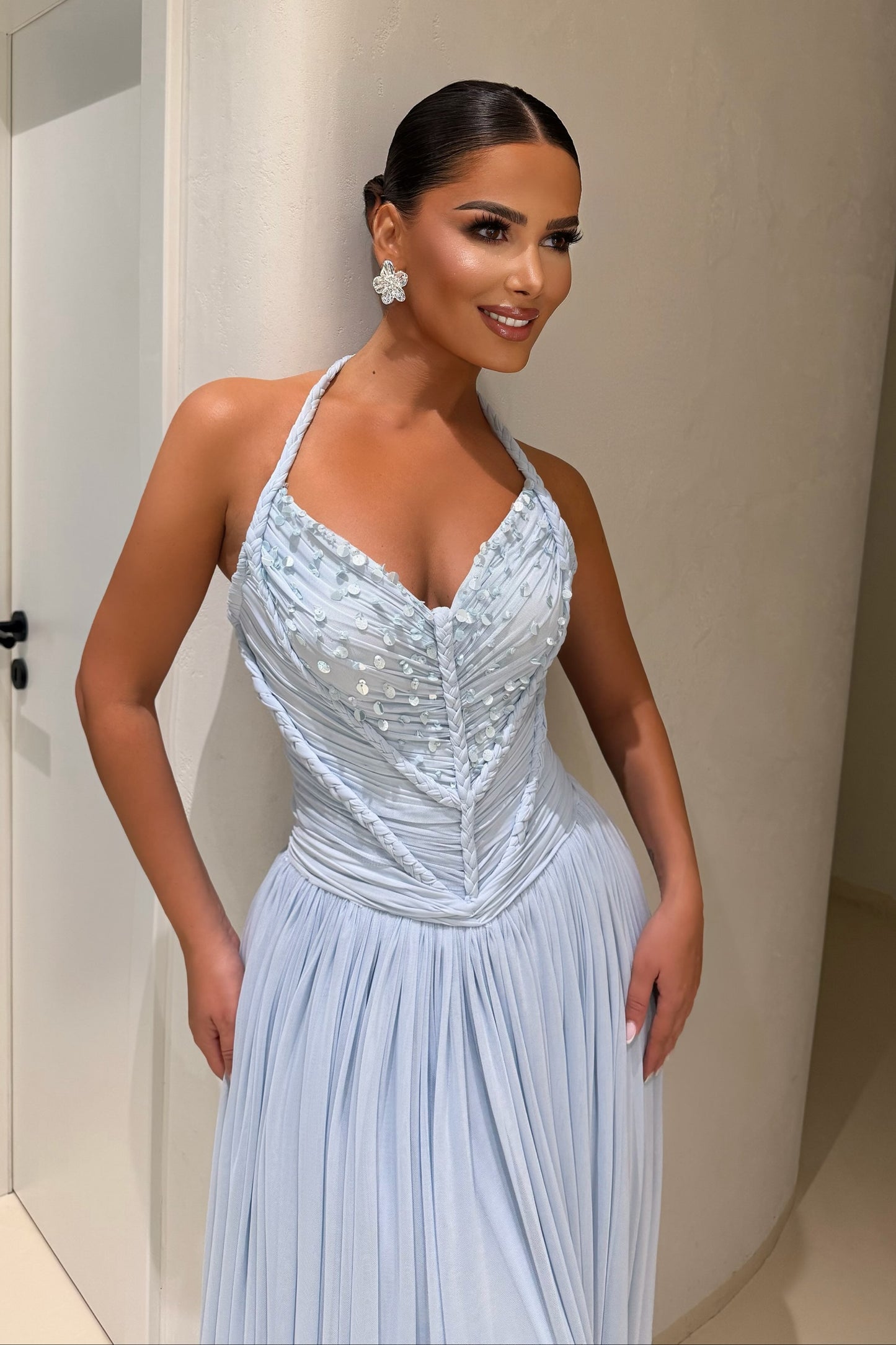 Pleated Halter Gown with Beaded Corset Bodice