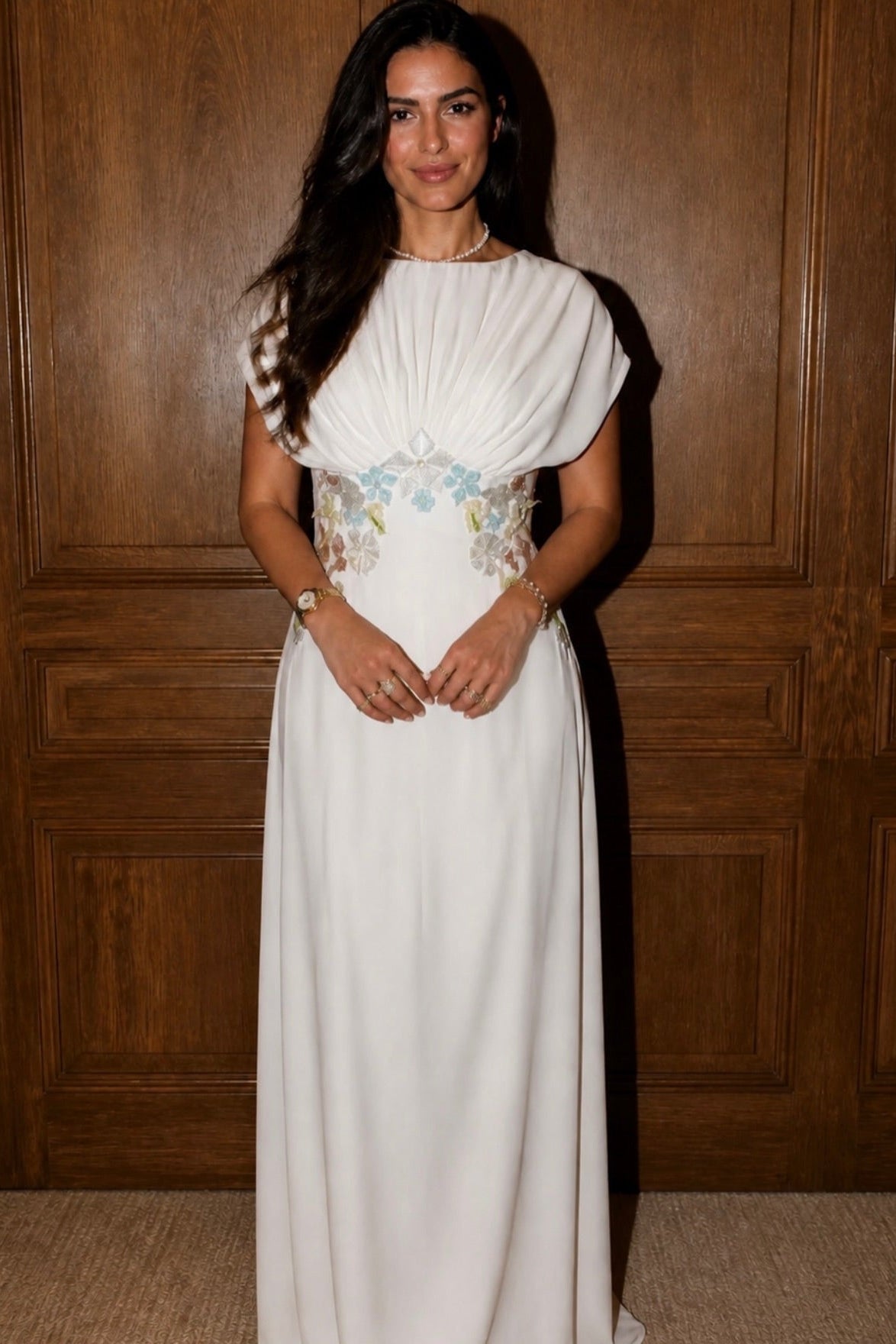 Pleated Bodice Gown with Floral Waist Embroidery