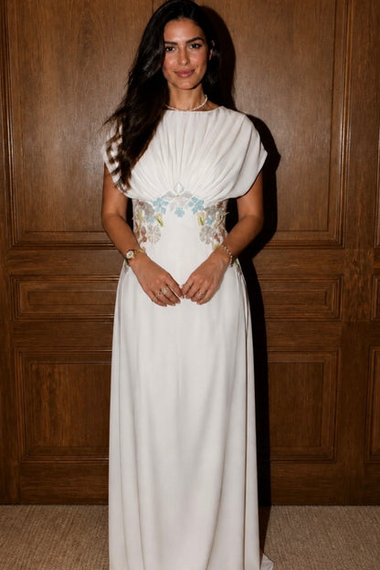 Pleated Bodice Gown with Floral Waist Embroidery