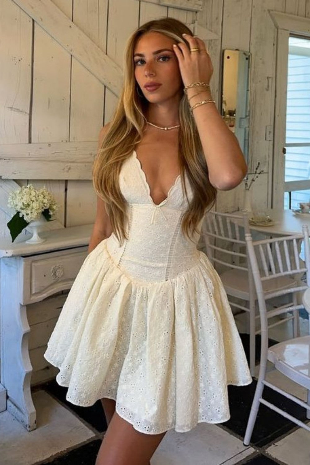 Scalloped V-Neck Fit and Flare Mini Dress