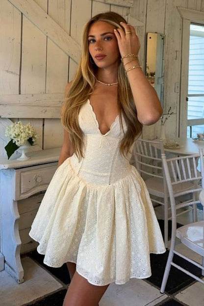 Scalloped V-Neck Fit and Flare Mini Dress