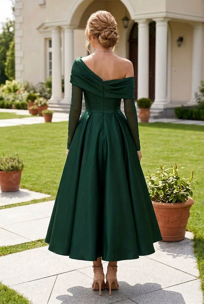 One-Shoulder Pleated A-Line Tea-Length Dress