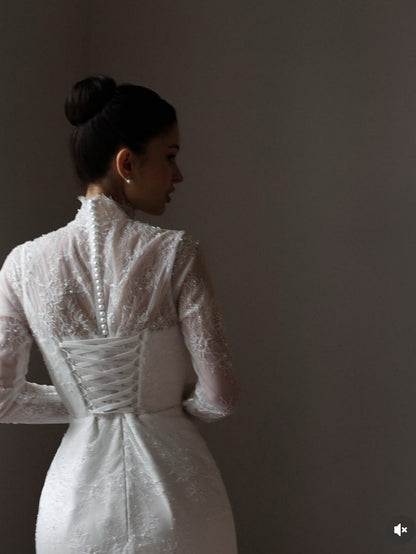 Lace High Neck Long Sleeve Wedding Dress with Corset