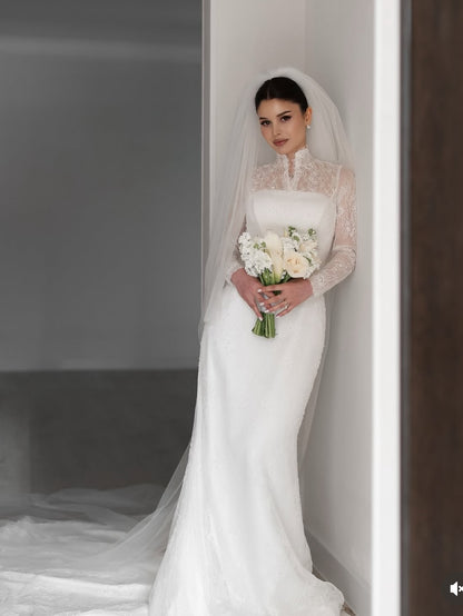 Lace High Neck Long Sleeve Wedding Dress with Corset