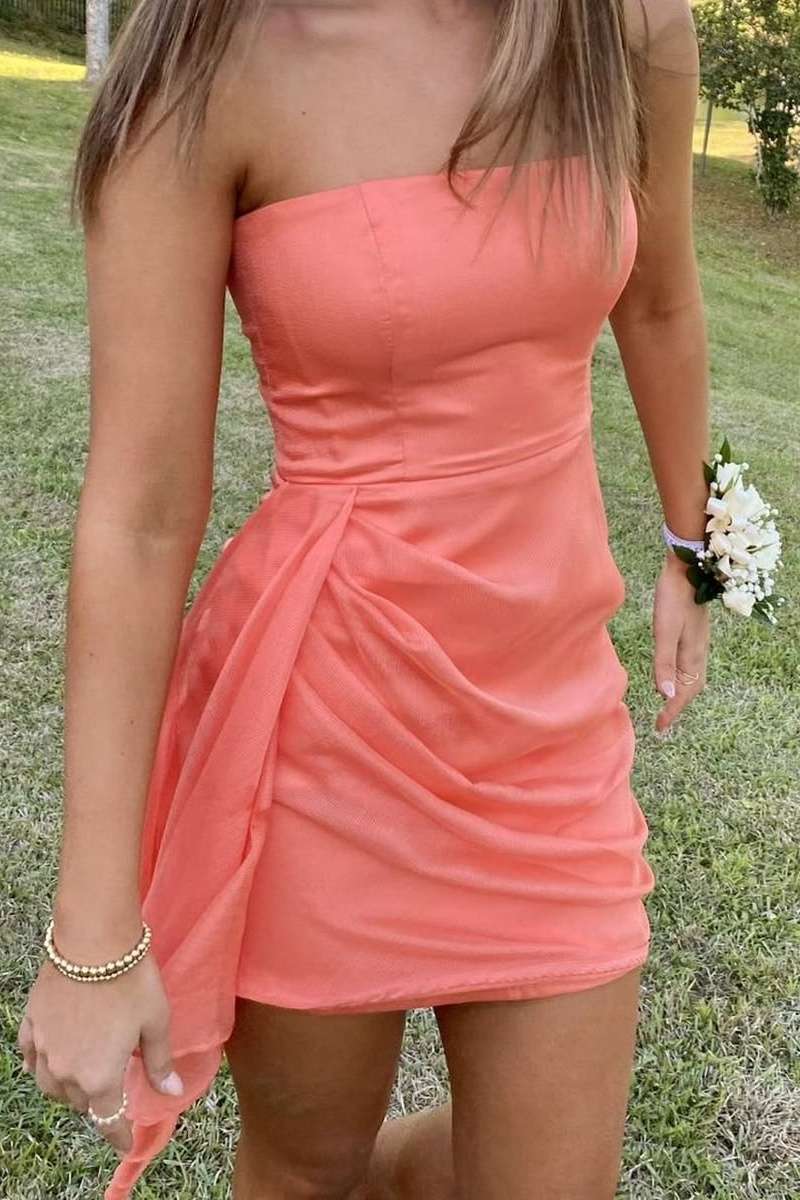 Strapless Asymmetrical Ruched Mini Dress