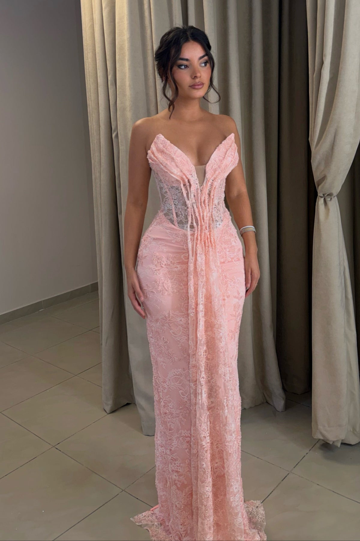 Strapless Lace Column Gown with Corset Bodice