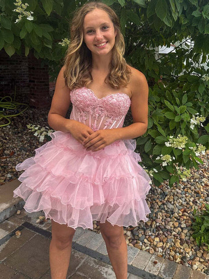 Tiered Ruffle Corset Mini Dress with Lace Bodice