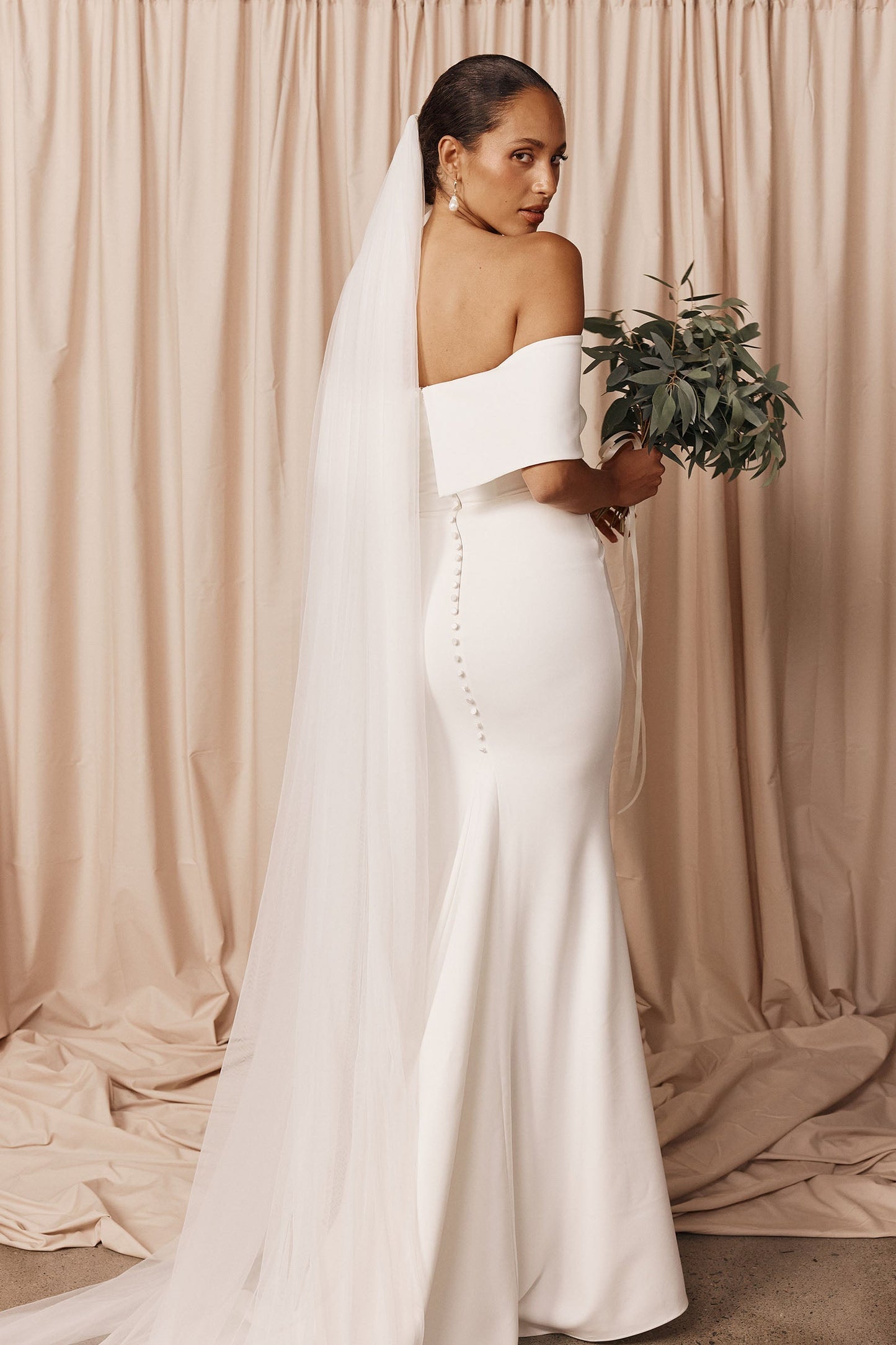 Off-the-Shoulder Ruched Crepe Mermaid Wedding Dress