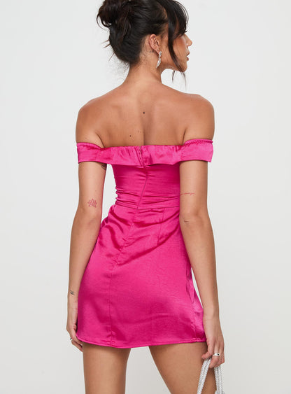 Twist-Front Cutout Satin Off-the-Shoulder Mini Dress