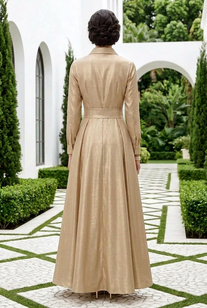 Collared A-Line Shirt Gown with Beaded Floral Bodice