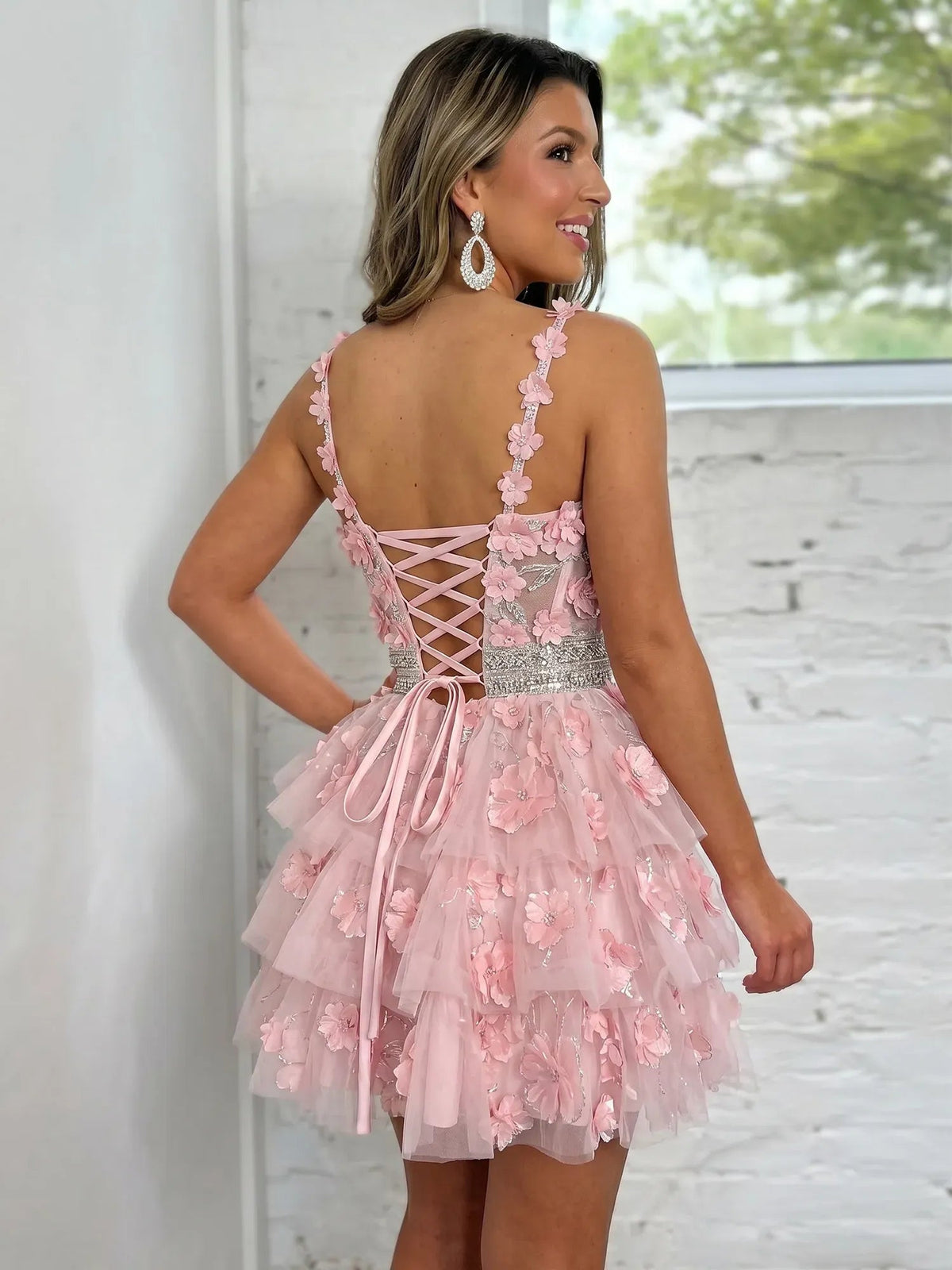 3D Floral Tiered Tulle Mini Dress with Lace-Up Back