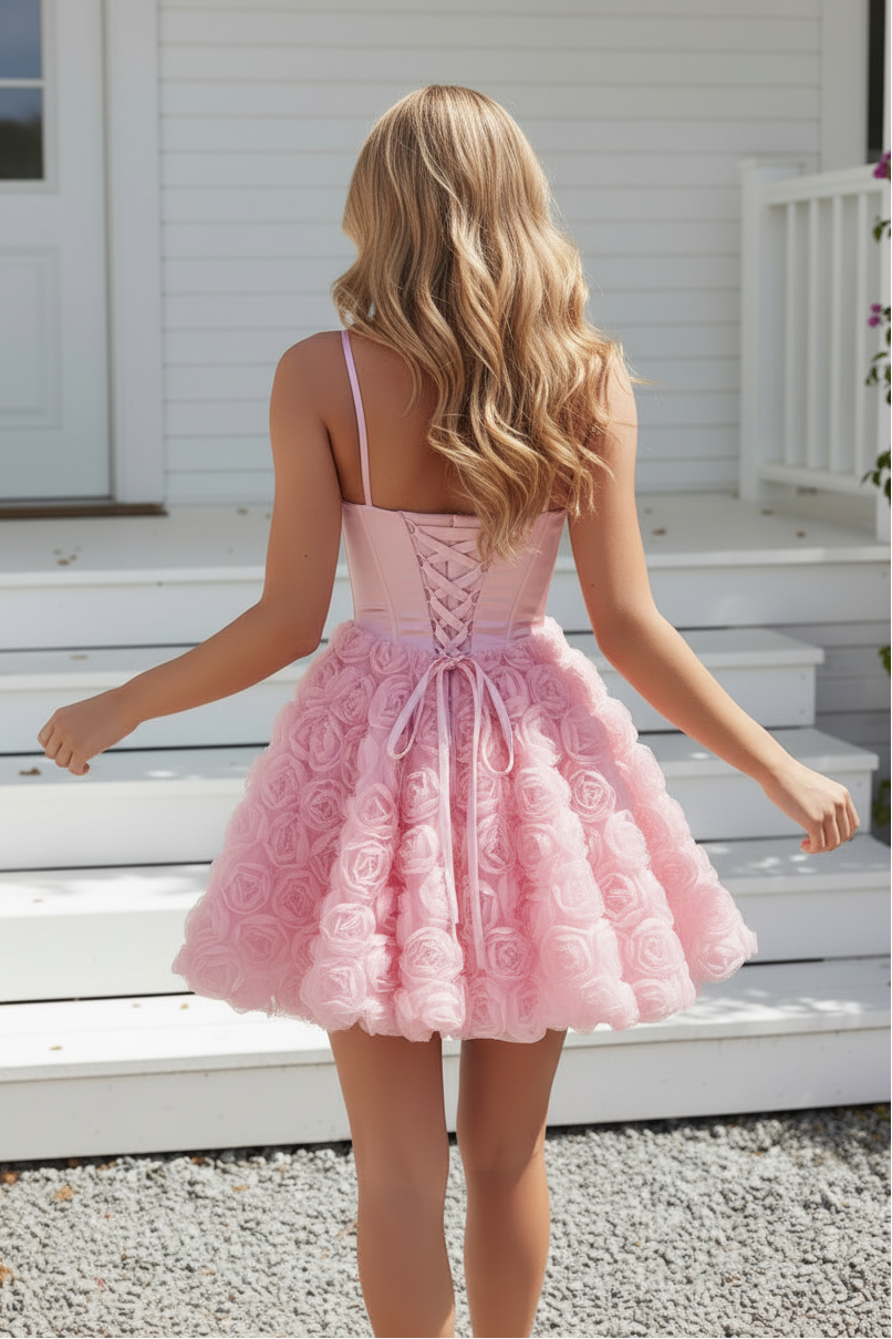 Corset Rosette Mini Dress with Lace-Up Back