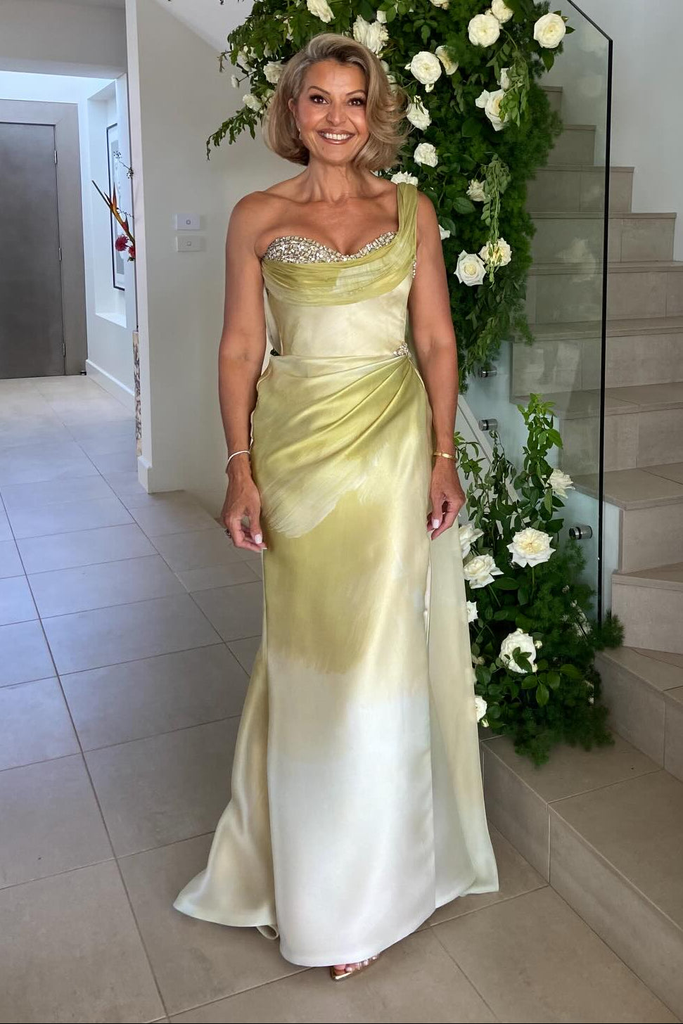 One-Shoulder Pleated Satin Evening Gown