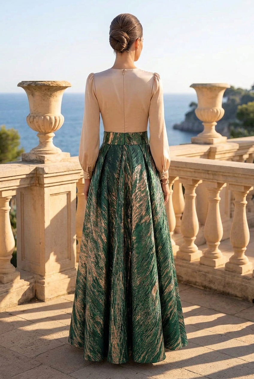 V-Neck Satin Bodice Gown with Metallic Jacquard Skirt