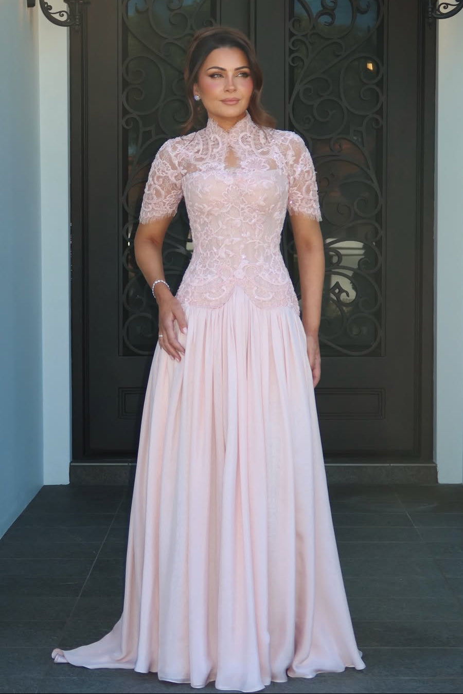 High Neck Lace Bodice A-Line Gown with Short Sleeves