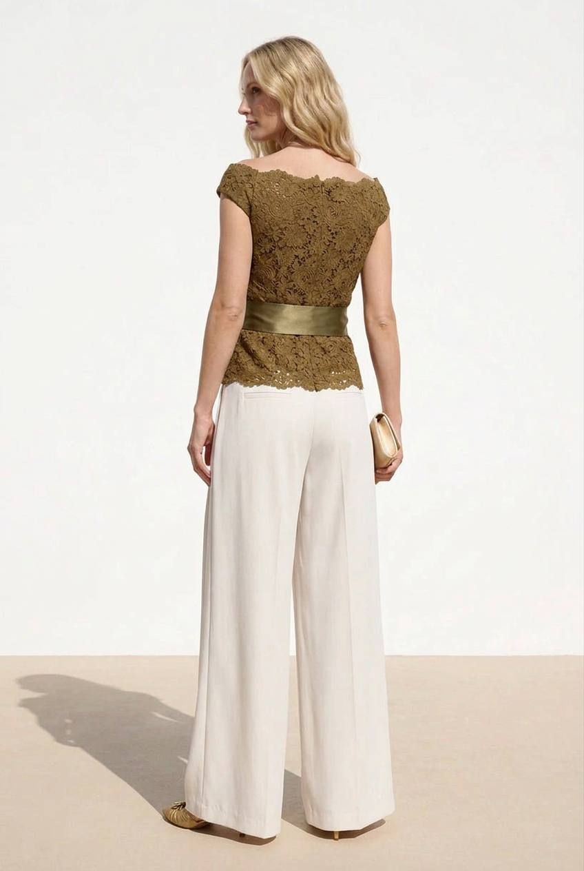 Lace Off-the-Shoulder Wide-Leg Jumpsuit with Sash