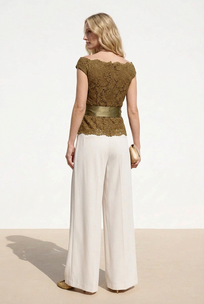 Lace Off-the-Shoulder Wide-Leg Jumpsuit with Sash