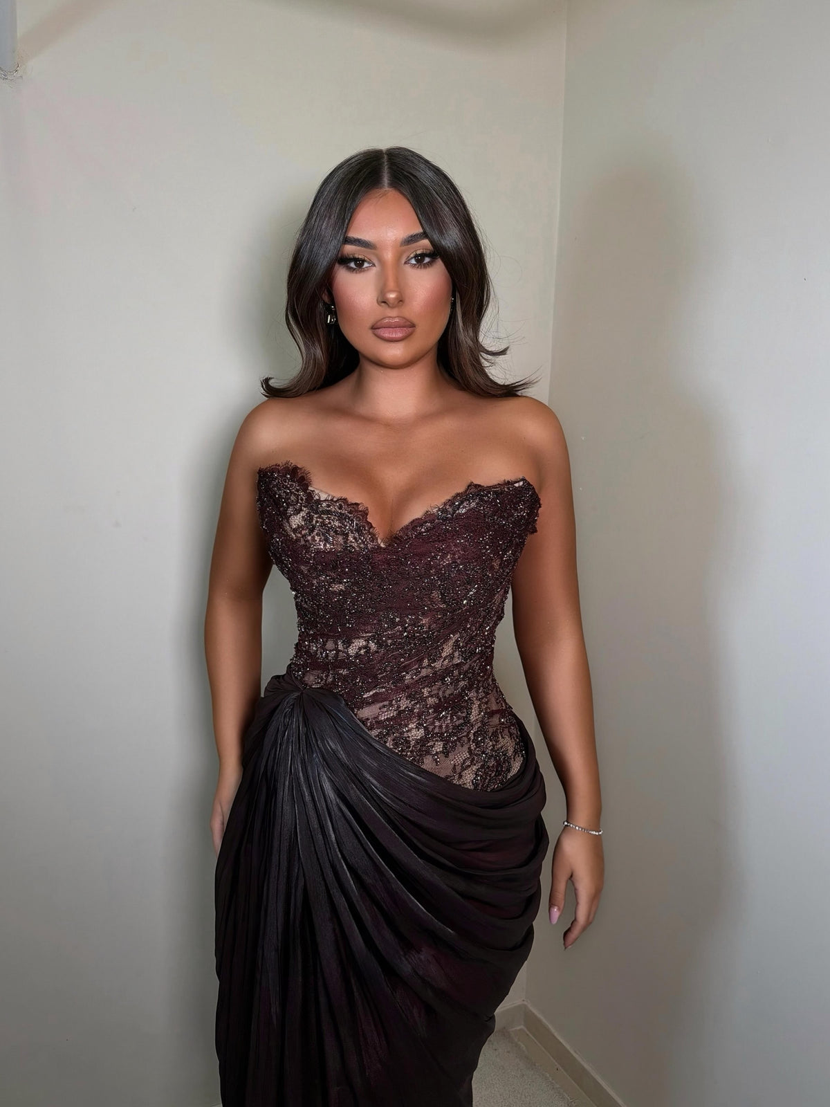 Beaded Corset Evening Gown with Draped Skirt
