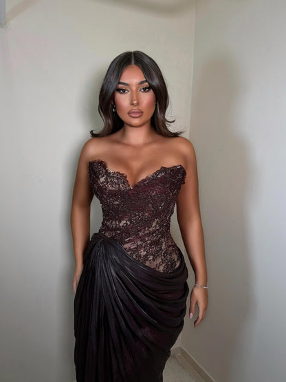 Beaded Corset Evening Gown with Draped Skirt