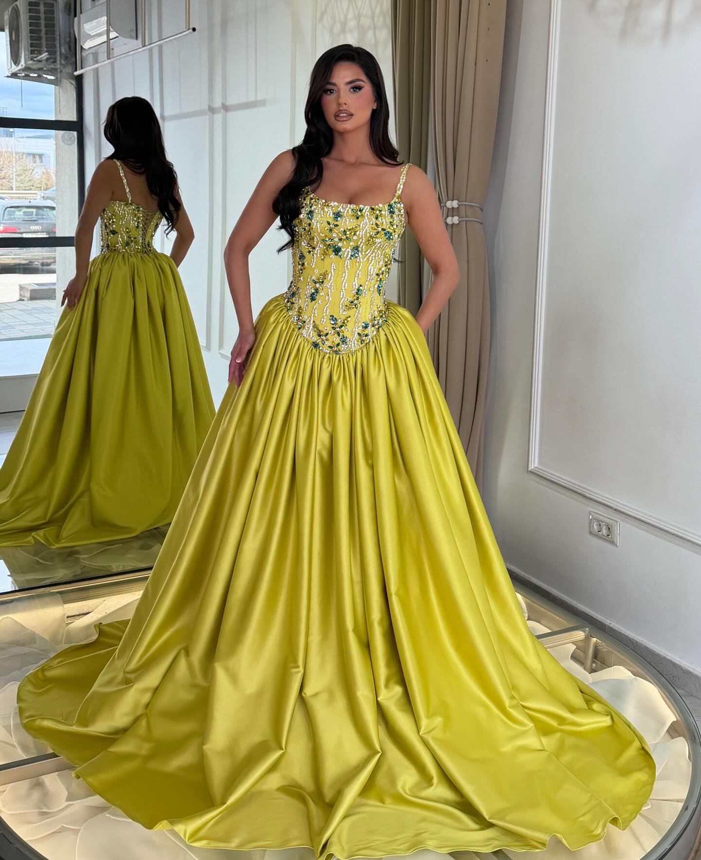 Beaded Corset Satin Ball Gown with Pockets