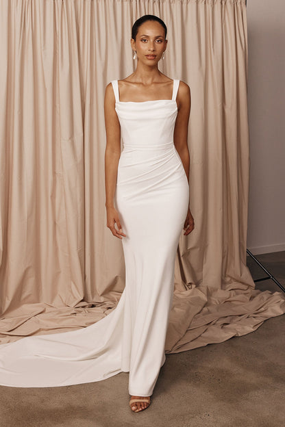 Square Neck Ruched Crepe Fit and Flare Wedding Dress