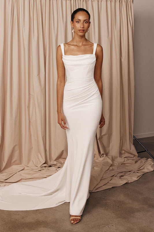 Square Neck Ruched Crepe Fit and Flare Wedding Dress