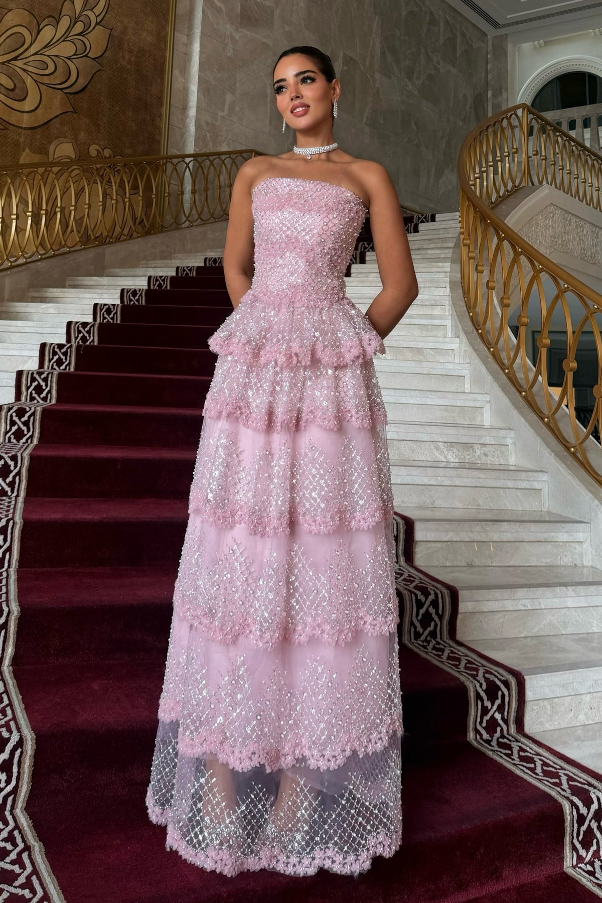 Strapless Tiered Sequin Evening Gown with Peplum