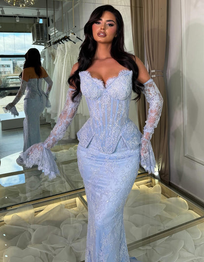 Off-Shoulder Corset Lace Mermaid Gown with Bell Sleeves